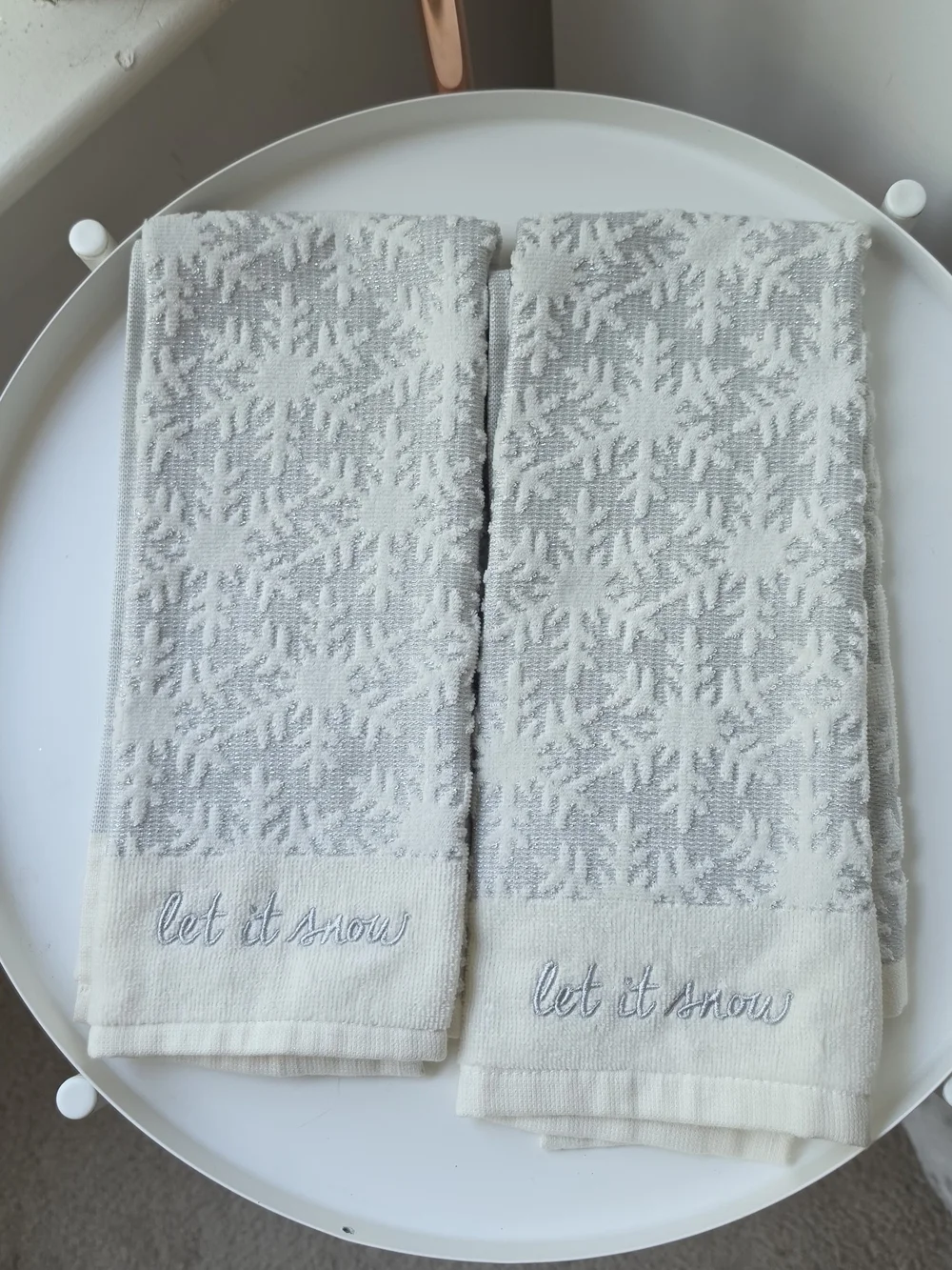Let It Snow Embroidered Snowflake Hand Towels - Cream & Gray
